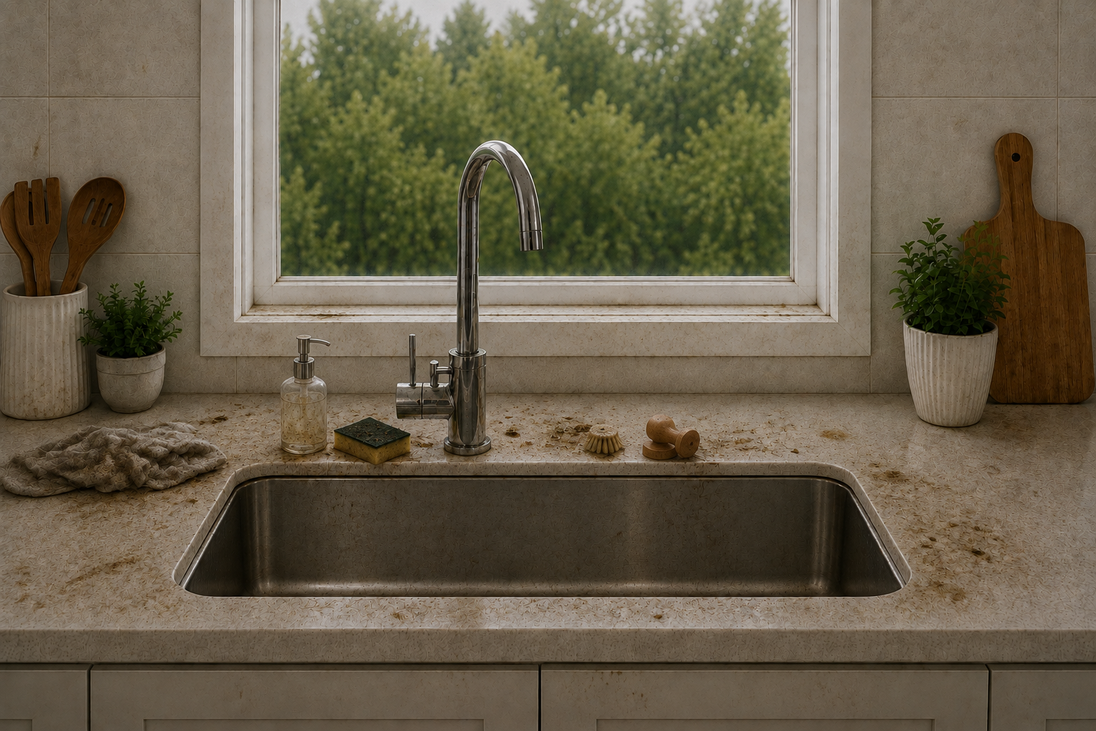 Cluttered sink with sponge lying in a puddle