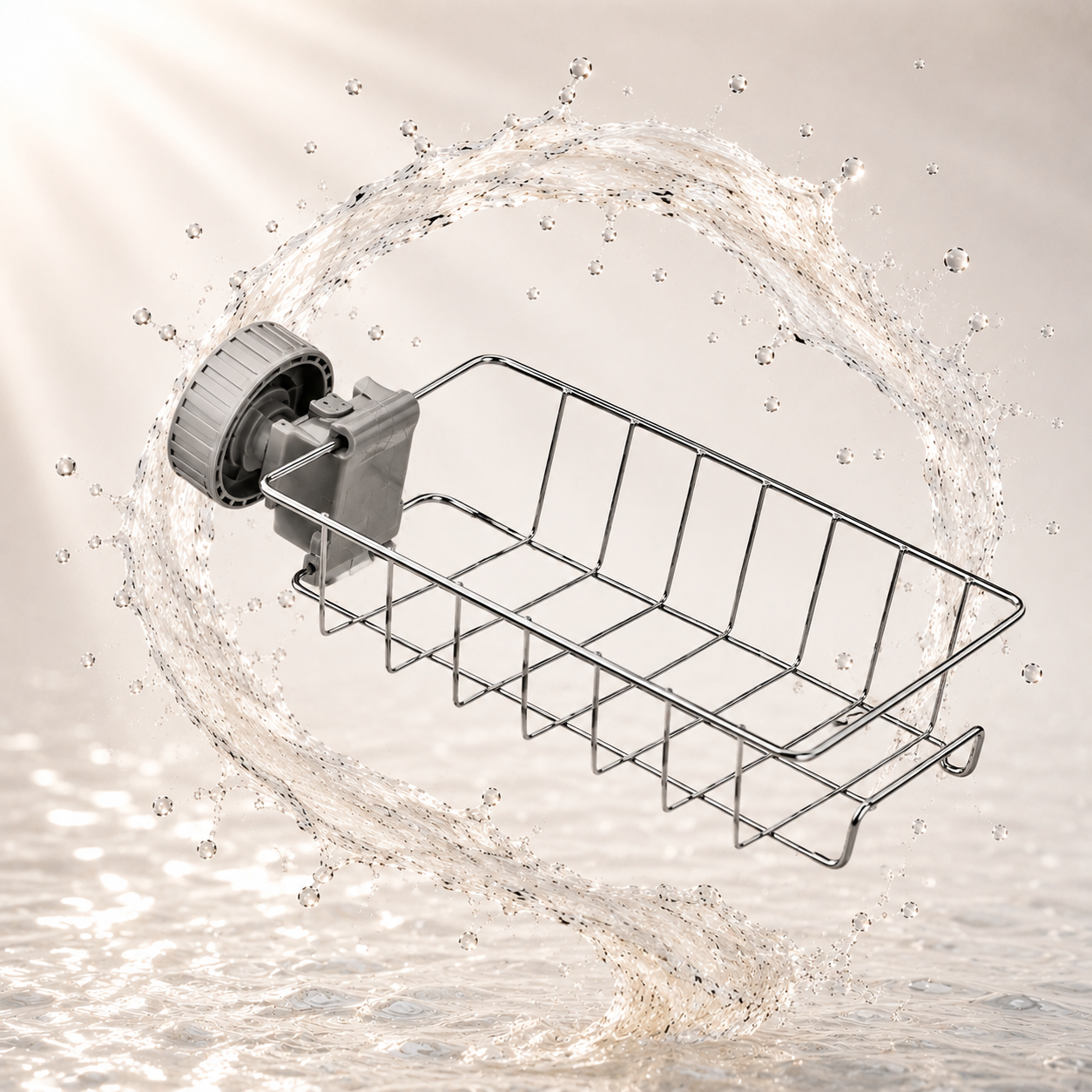 No-drill sink caddy holding sponge and soap over a kitchen faucet